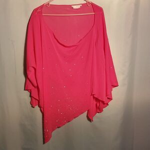 Hot Pink Embellished Sheer Poncho Blouse – Rhinestone Sparkle Asymmetrical Hem
